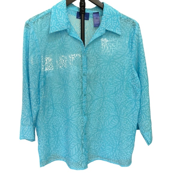 J.H. Collectibles Sky Blue Sheer Aztec Print 3/4 Sleeve Button Women's L Blouse - Picture 2 of 8